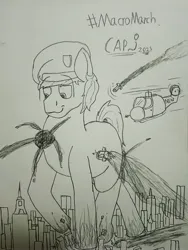 Size: 3456x4608 | Tagged: safe, artist:cap_watching, derpibooru import, oc, earth pony, pony, beret, city, earth pony oc, giant pony, hat, helicopter, image, jpeg, macro, missile, pencil drawing, stomping, traditional art