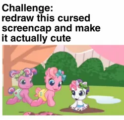 Size: 1500x1454 | Tagged: safe, derpibooru import, screencap, cheerilee, cheerilee (g3), pinkie pie (g3), sweetie belle (g3), earth pony, pony, unicorn, art challenge, baby, baby pony, bow, challenge, diaper, g3, g3.5, hair bow, image, jpeg, mud, muddy, newborn cuties, outdoors, pigtails, puddle, redraw, tree, trio