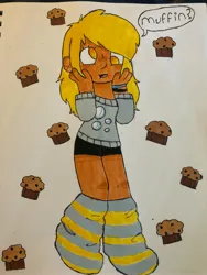 Size: 3024x4032 | Tagged: safe, artist:stardust0088, derpibooru import, derpy hooves, human, bracelet, clothes, cutie mark, cutie mark on clothes, female, food, humanized, image, jewelry, jpeg, marker, moderate dark skin, muffin, no pupils, socks, solo, speech bubble, striped socks, sweater, that pony sure does love muffins, traditional art