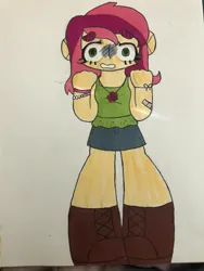 Size: 3024x4032 | Tagged: safe, artist:stardust0088, derpibooru import, roseluck, equestria girls, bandaid, boots, bracelet, clothes, denim, denim skirt, female, image, jewelry, jpeg, marker, necklace, nervous, shoes, skirt, solo, traditional art