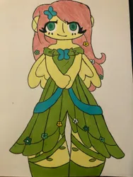 Size: 3024x4032 | Tagged: safe, artist:stardust0088, derpibooru import, fluttershy, human, equestria girls, clothes, colored pupils, dress, equestria girls-ified, eye clipping through hair, female, gala dress, humanized, image, jpeg, marker, solo, traditional art, winged humanization, wings