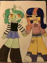 Size: 3024x4032 | Tagged: safe, artist:stardust0088, derpibooru import, bon bon, lyra heartstrings, sweetie drops, human, equestria girls, bandaid, clothes, colored pupils, eye clipping through hair, eyes closed, female, holding hands, horn, horned humanization, humanized, image, jpeg, lesbian, lyrabon, shipping, shorts, sweater, tennis shoe, traditional art