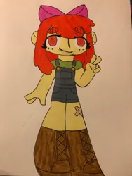 Size: 3024x4032 | Tagged: safe, artist:stardust0088, derpibooru import, apple bloom, equestria girls, apple bloom's bow, bandaid, bow, clothes, female, hair bow, image, jpeg, marker, no pupils, overalls, peace sign, solo, traditional art