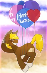 Size: 1920x3000 | Tagged: safe, artist:2k.bugbytes, ponybooru import, oc, oc:acres, unofficial characters only, earth pony, pony, balloon, birthday, blushing, cloud, coat markings, cowboy hat, floating, grin, happy birthday, hat, image, male, png, raised leg, smiling, socks (coat marking), solo, stallion, stetson