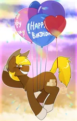 Size: 1920x3000 | Tagged: safe, alternate version, artist:2k.bugbytes, ponybooru import, oc, oc:acres, unofficial characters only, earth pony, pony, balloon, birthday, blushing, cloud, coat markings, cowboy hat, floating, grin, happy birthday, hat, image, male, png, raised leg, smiling, socks (coat marking), solo, stallion, stetson