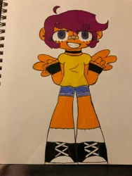 Size: 3024x4032 | Tagged: safe, artist:stardust0088, derpibooru import, scootaloo, human, equestria girls, bandaid, bandaid on nose, choker, clothes, colored pupils, cowlick, female, image, jpeg, shirt, shorts, socks, solo, t-shirt, tennis shoe, traditional art, winged, winged human