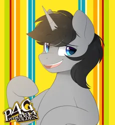 Size: 1228x1335 | Tagged: safe, artist:higgly-chan, derpibooru import, oc, unofficial characters only, pony, unicorn, image, looking at you, male, open mouth, persona, persona 4, png, solo, stallion