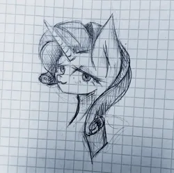 Size: 1080x1074 | Tagged: safe, artist:anastas, derpibooru import, rarity, pony, unicorn, bust, cute, female, graph paper, head only, horn, image, jpeg, mare, monochrome, paper, photo, portrait, raribetes, simple background, sketch, solo, solo female, solo focus, traditional art