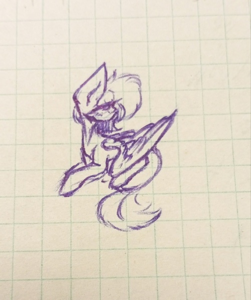 Size: 902x1080 | Tagged: safe, artist:anastas, derpibooru import, oc, oc:amethyst dawn, unofficial characters only, pegasus, pony, blushing, cute, female, graph paper, image, jpeg, mare, monochrome, no mouth, paper, photo, simple background, sitting, smol, spread wings, traditional art, wings