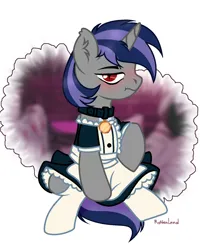Size: 1920x2396 | Tagged: safe, artist:pritonhells, derpibooru import, oc, oc:dreaming star, unofficial characters only, bat pony, bat pony unicorn, hybrid, pony, unicorn, base used, bat pony oc, bat wings, blushing, clothes, collar, commission, crossdressing, cute, dress, fangs, femboy, horn, image, looking at you, maid, male, ocbetes, outfit, png, red eyes, shy, simple background, socks, solo, stallion, unicorn oc, white background, wings, ych result