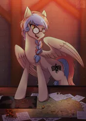 Size: 1600x2263 | Tagged: safe, artist:alicetriestodraw, derpibooru import, oc, oc:dracey, unofficial characters only, pegasus, pony, bipedal, bipedal leaning, board game, braid, dice, dungeons and dragons, glasses, image, jpeg, leaning, looking at you, map, open mouth, paper, pegasus oc, pen and paper rpg, rpg, single fang, solo, table, tabletop game, wings