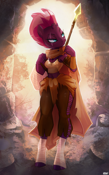 Size: 2551x4093 | Tagged: safe, artist:lummh, derpibooru import, tempest shadow, anthro, unguligrade anthro, unicorn, breasts, broken horn, busty tempest shadow, cleavage, cloak, clothes, eye scar, facial scar, female, horn, image, leg wraps, looking to side, midriff, png, scar, solo, spear, tanktop, weapon, wide hips