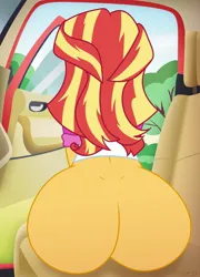 Size: 2160x3000 | Tagged: suggestive, artist:deadinside97, derpibooru import, sunset shimmer, equestria girls, bottomless, bunset shimmer, butt, camp everfree outfits, car, clothes, dimples of venus, female, image, jpeg, large butt, nudity, outdoors, partial nudity, shirt, sitting, solo, solo female, the ass was fat, tree