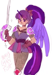 Size: 941x1341 | Tagged: safe, artist:reallycoykoifish, derpibooru import, twilight sparkle, human, alicorn humanization, alternate hairstyle, armor, belt, blushing, choker, clothes, cute, female, gloves, horn, horned humanization, humanized, image, knight, png, shirt, simple background, skirt, solo, sword, twiabetes, weapon, white background, winged humanization, wings