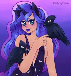 Size: 2935x3146 | Tagged: safe, artist:reallycoykoifish, derpibooru import, princess luna, bird, human, raven (bird), clothes, cute, dress, eared humanization, eyeshadow, female, horn, horned humanization, humanized, image, lipstick, lunabetes, makeup, png, solo, tail, tailed humanization, tan skin