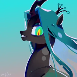 Size: 2480x2480 | Tagged: safe, artist:湮浊湮于浊, derpibooru import, queen chrysalis, changeling, pony, aside glance, bust, female, grin, image, looking at you, mare, png, portrait, sideways glance, smiling, solo