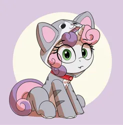 Size: 2132x2166 | Tagged: safe, artist:pabbley, derpibooru import, sweetie belle, pony, unicorn, animal costume, cat costume, clothes, collar, costume, cute, cute little fangs, diasweetes, fangs, female, filly, foal, image, jpeg, kigurumi, kitty belle, looking at you, sitting, solo