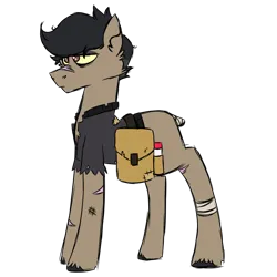 Size: 900x900 | Tagged: safe, artist:fuckomcfuck, derpibooru import, oc, oc:pog champ, earth pony, pony, alternate universe, bag, bags under eyes, bandage, bruised, clothes, image, no tail, png, scar, simple background, solo, the trotting dead, torn clothes, transparent background