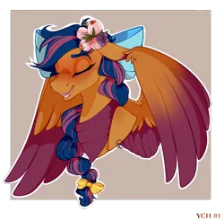 Size: 2016x1980 | Tagged: safe, artist:symphstudio, derpibooru import, oc, oc:solar comet, pegasus, pony, bow, bust, colored wings, flower, flower in hair, gradient wings, hair bow, image, png, portrait, solo, two toned wings, wings