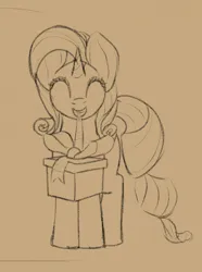 Size: 951x1280 | Tagged: safe, artist:ricktin, derpibooru import, rarity, pony, eyes closed, grin, image, jpeg, mouth hold, present, sketch, smiling, solo