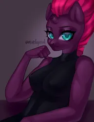 Size: 3159x4096 | Tagged: suggestive, artist:minchyseok, derpibooru import, tempest shadow, anthro, unicorn, breasts, broken horn, busty tempest shadow, erect nipples, eye scar, eyebrows, facial scar, female, high res, horn, image, jpeg, looking at you, nipple outline, scar, signature, smiling, smiling at you, solo, solo female