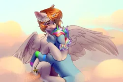 Size: 3096x2056 | Tagged: safe, artist:kiskka, derpibooru import, oc, oc:azure star (fauli1221), oc:funny jo, unofficial characters only, alicorn, pony, unicorn, alicorn oc, closed mouth, cloud, commission, duo, eyes closed, eyes open, female oc, heterochromia, horn, hug, image, male oc, multicolored mane, png, sitting, spread wings, stripes, unicorn oc, wings, your character here