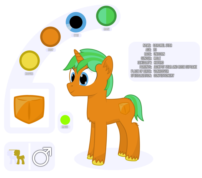 Size: 4213x3719 | Tagged: safe, artist:mrkm, derpibooru import, oc, oc:caramel star(mrkm), pony, unicorn, cutie mark, full body, horn, image, male, male symbol, png, reference sheet, simple background, smiling, solo, stallion, transparent background, unicorn oc, unshorn fetlocks