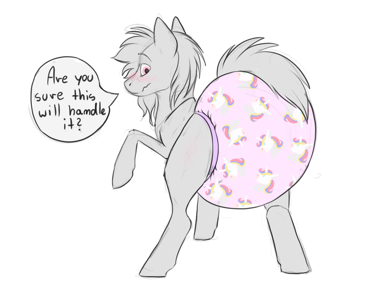 Size: 2500x2000 | Tagged: suggestive, artist:galaxylatte, derpibooru import, pony, unicorn, adult, blushing, clothes, dialogue, dialogue box, diaper, diaper fetish, diapered, embarrassed, embarrassed underwear exposure, fetish, hooves, image, looking back, non-baby in diaper, pattern, pink, pink diaper, png, poofy diaper, raised hoof, solo, spread legs, spreading, surprised, tail, underwear