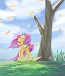 Size: 3541x4096 | Tagged: safe, alternate version, artist:jfrxd, derpibooru import, fluttershy, pegasus, pony, alternate hairstyle, crying, eyes closed, female, image, mare, png, ponytail, solo, tree