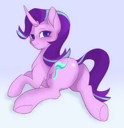 Size: 1439x1481 | Tagged: safe, artist:twilightsparkee, derpibooru import, starlight glimmer, pony, unicorn, butt, glimmer glutes, image, jpeg, looking at you, looking back, looking back at you, plot, simple background, solo, underhoof