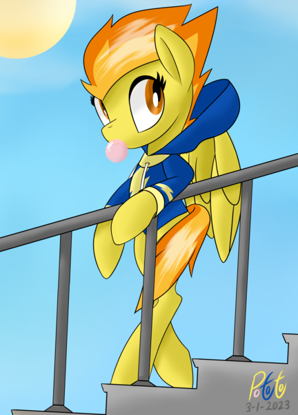 Size: 2275x3159 | Tagged: safe, artist:notadeliciouspotato, derpibooru import, spitfire, pegasus, pony, bipedal, bubblegum, clothes, cloud, female, food, gum, hoodie, image, mare, png, signature, sky, solo, stairs, sun