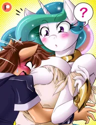 Size: 1500x1947 | Tagged: suggestive, artist:boastudio, derpibooru import, princess celestia, alicorn, anthro, pony, big breasts, blushing, blushing profusely, boob smothering, breasts, busty princess celestia, cleavage, crossover, embarrassed, female, huge breasts, image, kingdom hearts, male, mare, open mouth, png, question mark, smothering, sora, stallion, sweat, sweatdrop
