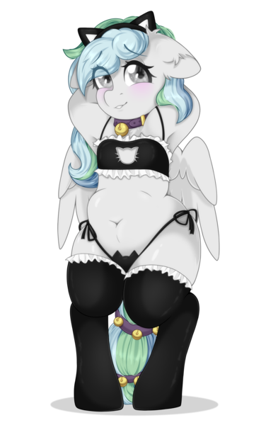 Size: 2400x3900 | Tagged: suggestive, artist:etoz, derpibooru import, oc, oc:river chime, unofficial characters only, pegasus, pony, semi-anthro, animal costume, arm behind head, armpits, bell, bell collar, belly, belly button, bipedal, black underwear, blushing, boob window, bra, cat bell, cat costume, cat ears, cat keyhole bra set, cat lingerie, chubby, clothes, collar, commission, costume, cute, eyebrows, eyebrows visible through hair, fake ears, female, hooves behind head, image, lingerie, looking at you, mare, panties, pegasus oc, png, shy, simple background, smiling, smiling at you, socks, stockings, thigh highs, transparent background, underwear, wings, ych result