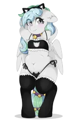 Size: 2400x3900 | Tagged: suggestive, artist:etoz, derpibooru import, oc, oc:river chime, unofficial characters only, pegasus, pony, semi-anthro, animal costume, arm behind head, armpits, bell, bell collar, belly, belly button, bipedal, black underwear, blushing, boob window, bra, cat bell, cat costume, cat ears, cat keyhole bra set, cat lingerie, chubby, clothes, collar, commission, costume, cute, eyebrows, eyebrows visible through hair, fake ears, female, hooves behind head, image, lingerie, looking at you, mare, panties, pegasus oc, png, shy, simple background, smiling, smiling at you, socks, stockings, thigh highs, transparent background, underwear, wings, ych result