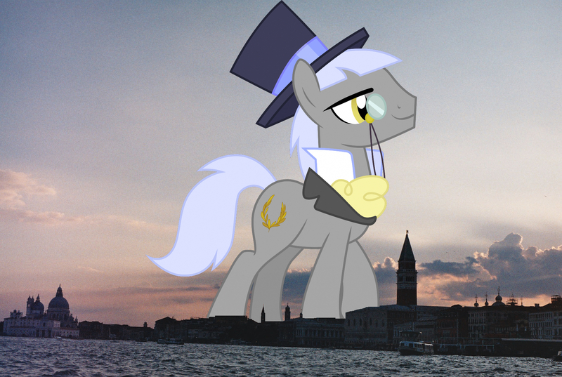 Size: 1895x1272 | Tagged: safe, artist:cloudyglow, derpibooru import, edit, editor:jaredking779, caesar, count caesar, earth pony, pony, background pony, giant pony, hat, highrise ponies, image, irl, italy, jpeg, macro, male, monocle, photo, ponies in real life, smiling, solo, stallion, story included, top hat, venice