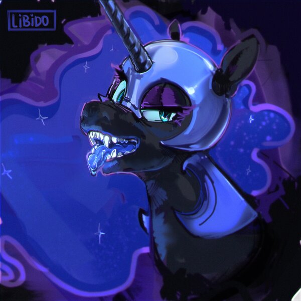 Size: 2099x2099 | Tagged: safe, artist:libido, derpibooru import, nightmare moon, alicorn, pony, bust, fangs, female, high res, image, jpeg, looking at you, mare, signature, solo, tongue out