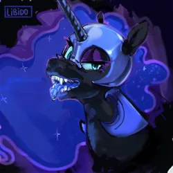 Size: 2099x2099 | Tagged: safe, artist:libido, derpibooru import, nightmare moon, alicorn, pony, bust, fangs, female, high res, image, jpeg, looking at you, mare, signature, solo, tongue out