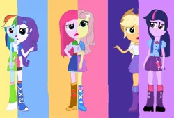 Size: 955x648 | Tagged: safe, derpibooru import, applejack, fluttershy, pinkie pie, rainbow dash, rarity, twilight sparkle, equestria girls, belt, boots, clothes, clothes swap, cowboy boots, cowboy hat, hat, high heel boots, image, jacket, jpeg, mane six, shirt, shoes, skirt, vest