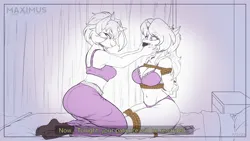 Size: 3840x2160 | Tagged: suggestive, artist:maximus, derpibooru import, oc, oc:solaria, oc:sunlight stellaris, anthro, unicorn, anthro oc, bondage, bra, breasts, clothes, image, looking at each other, looking at someone, png, text, underwear