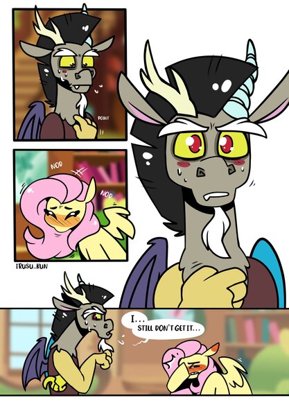 Size: 1640x2360 | Tagged: safe, artist:lrusu, derpibooru import, discord, fluttershy, draconequus, pegasus, pony, comic:fluttercord (irusu), ..., blushing, comic, cute, dialogue, discoshy, duo, embarrassed, female, floppy ears, image, jpeg, male, misunderstanding, nervous, nervous sweat, shipping, shy, shyabetes, speech bubble, straight