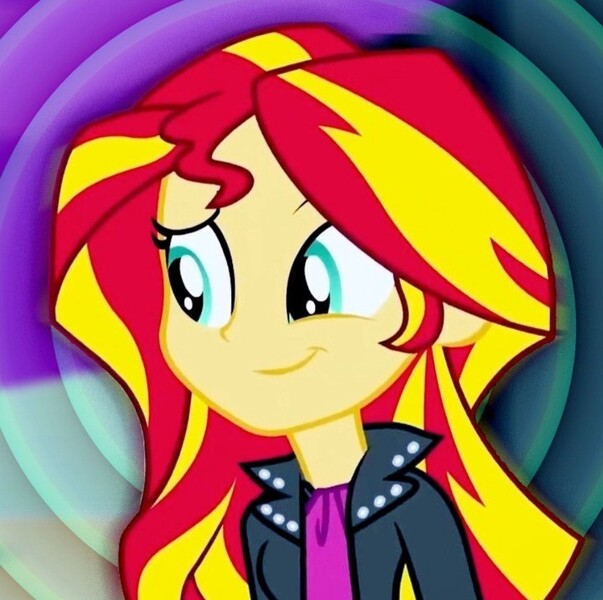 Size: 720x716 | Tagged: safe, derpibooru import, sunset shimmer, human, equestria girls, rainbow rocks, bacon hair, cute, eye, eyebrows, eyes, female, goddess, hypnosis, hypnotist, image, jpeg, raised eyebrow, shimmerbetes, smiling, smirk, solo, spiral, sunset