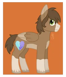 Size: 1509x1757 | Tagged: safe, artist:cackling-beast, derpibooru import, oc, pegasus, pony, blaze (coat marking), brown coat, brown mane, coat markings, colored lineart, colored wings, cutie mark, facial markings, folded wings, green eyes, image, looking at you, male, orange background, png, short mane, short tail, simple background, socks (coat marking), solo, stallion, style emulation, tail, tan coat, trans male, transgender, transparent background, two toned wings, unshorn fetlocks, watermark, wings