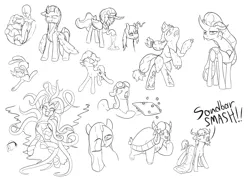 Size: 2800x2000 | Tagged: safe, artist:parallel black, derpibooru import, angel bunny, bon bon, lightning dust, mane-iac, marble pie, ocellus, princess celestia, queen chrysalis, sandbar, sweetie drops, yona, oc, oc:jc, changedling, changeling, changeling queen, original species, pony, timber pony, timber wolf, beard, changedling queen, changeling slime, clothes, dialogue, facial hair, female, fire, food, grin, holding a pony, image, mask, older, png, request, requested art, running away, simple background, smiling, species swap, transformation, uniform, washouts uniform, white background, yelling