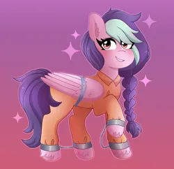 Size: 2422x2341 | Tagged: safe, artist:emera33, derpibooru import, oc, oc:galactic lights, unofficial characters only, pegasus, bound wings, braid, braided ponytail, chained, chains, clothes, cuffed, cuffs, gradient background, image, pegasus oc, png, ponytail, prison outfit, prisoner, shackles, solo, wings
