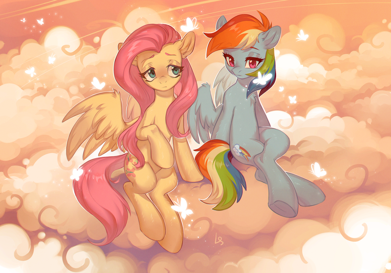 Size: 2383x1665 | Tagged: safe, artist:ls_skylight, derpibooru import, fluttershy, rainbow dash, butterfly, insect, pegasus, pony, cloud, duo, female, high res, image, mare, on a cloud, png, sitting, sitting on cloud, sky, wings
