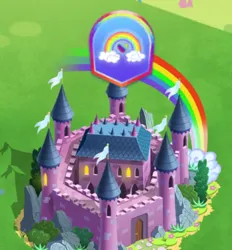 Size: 630x678 | Tagged: safe, derpibooru import, idw, my little pony: generations, castle, flag, g1, gameloft, generation leap, image, no pony, png, rainbow, the anonymous campsite