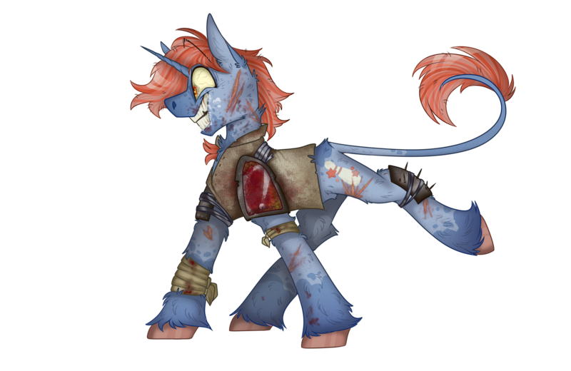 Size: 2000x1300 | Tagged: semi-grimdark, artist:molars, derpibooru import, oc, oc:tenpin, unofficial characters only, pony, unicorn, fallout equestria, armor, bandage, bloodstain, blue fur, clothes, dirt, dirty, foaming at the mouth, image, insanity, leonine tail, png, rabies, raider, raised leg, shirt, simple background, solo, spikes, tail, transparent background, unshorn fetlocks