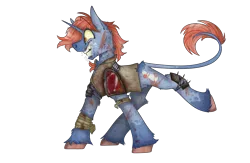 Size: 2000x1300 | Tagged: semi-grimdark, artist:molars, derpibooru import, oc, oc:tenpin, unofficial characters only, pony, unicorn, fallout equestria, armor, bandage, bloodstain, blue fur, clothes, dirt, dirty, foaming at the mouth, image, insanity, leonine tail, png, rabies, raider, raised leg, shirt, simple background, solo, spikes, tail, transparent background, unshorn fetlocks