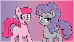 Size: 2132x1210 | Tagged: safe, artist:heretichesh, derpibooru import, maud pie, pinkie pie, earth pony, pony, duo, female, hairstyle swap, happy, image, mare, maudie pie, open mouth, open smile, pinkamena diane pie, png, siblings, sisters, smiling, sparkles, stoic