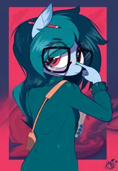 Size: 2173x3135 | Tagged: safe, artist:nevobaster, derpibooru import, oc, oc:delta vee, anthro, abstract background, anthro oc, bag, clothes, commando, female, glasses, image, looking at you, looking back, messy mane, pencil, png, solo, sweater